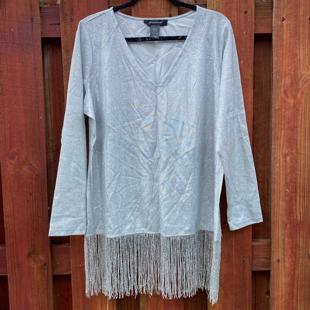 Ashley Stewart Silver Metallic Glitter Fringe Hem Tunic Top Plus Size 18/20